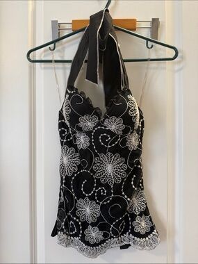 Marc Jacobs Black Halter Tank with White Floral Embroidery